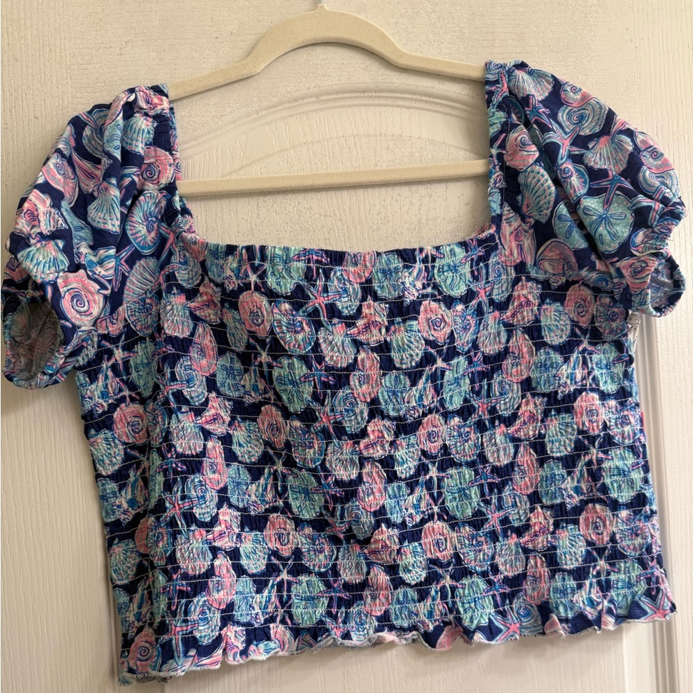 Simply Southern Blue Pink Seashell Shirred Smocked Blouse Crop Top - size XXL